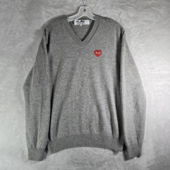 Play Comme Des Garcons V Neck Wool Sweater Pullover Size L Large Heart Patch